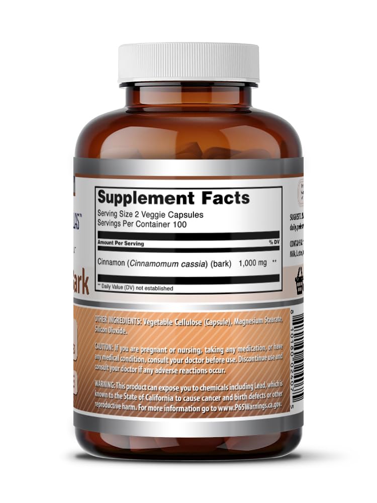 Cinnamon Bark Supplement 1000 Mg 200 Veggie Capsules H258