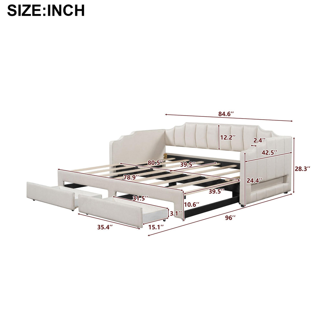 Twin XL Linen Upholstered Daybed with Storage Drawers and LED Light O93968