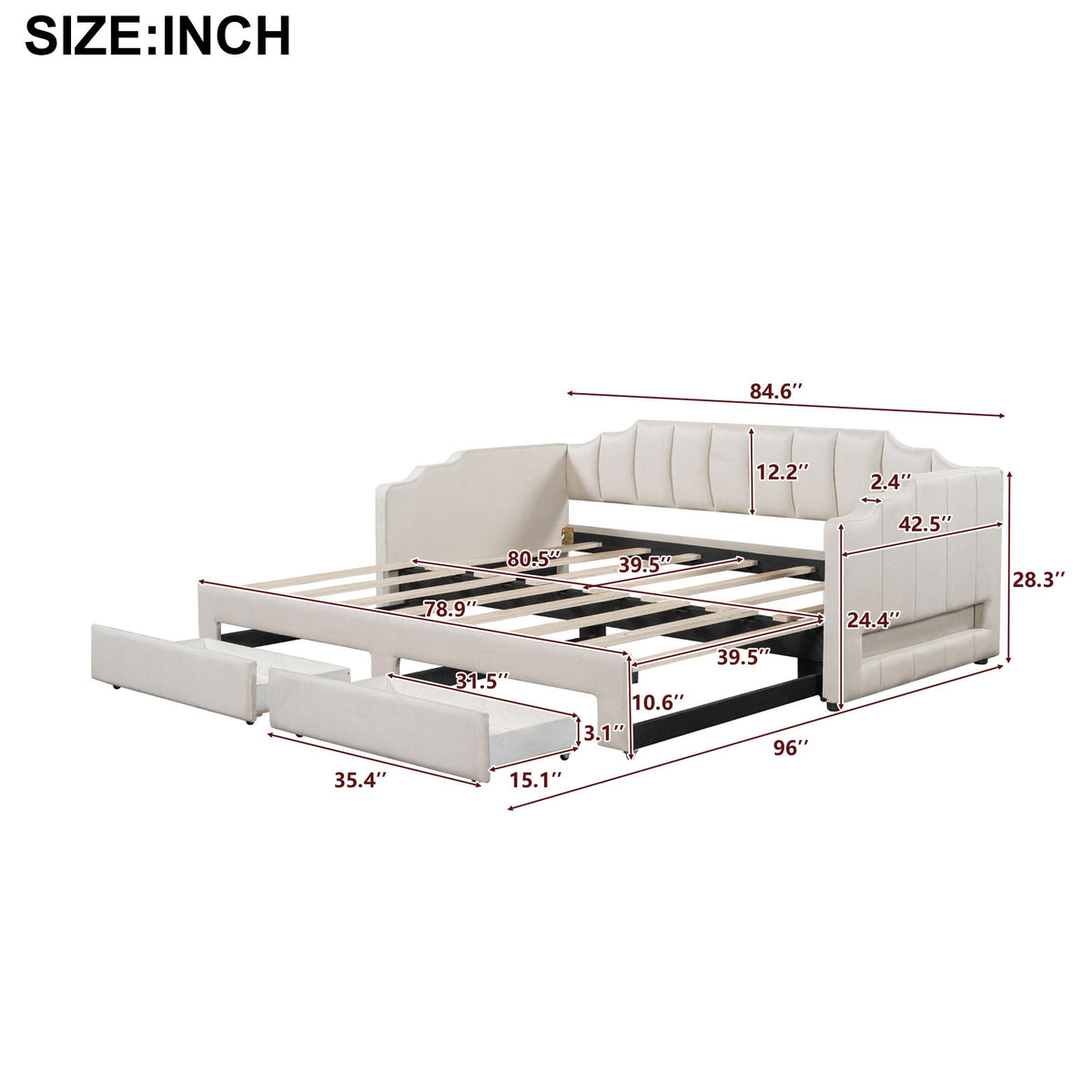 Twin XL Linen Upholstered Daybed with Storage Drawers and LED Light O93968