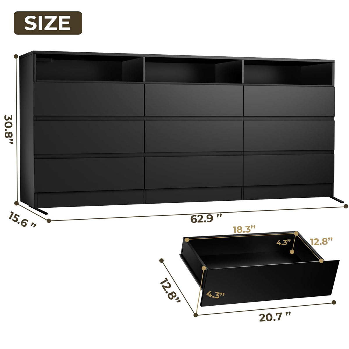 Black 9 Drawer Wood Dresser V948