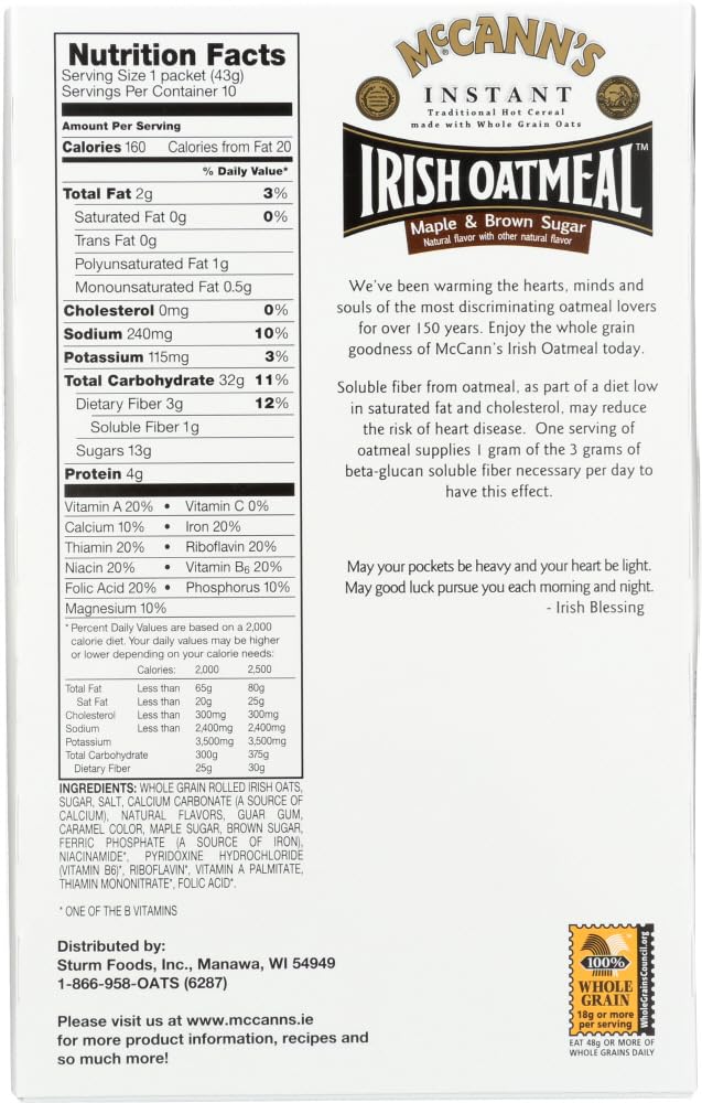 Instant Irish Oatmeal Maple Brown Sugar 10 ct 3 pk V17994