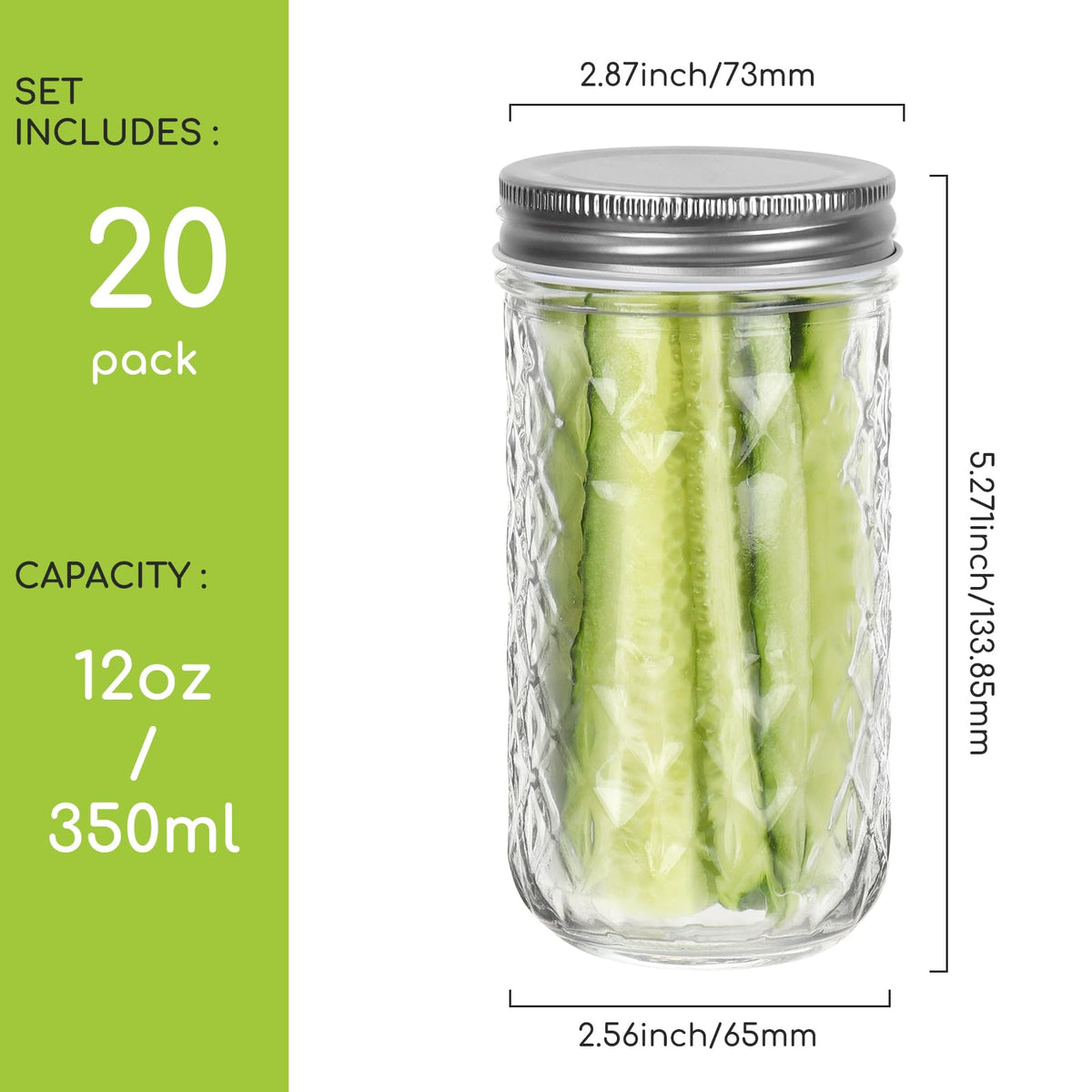 12 oz 20 Pack Glass Mason Jars with Airtight Lids A5576