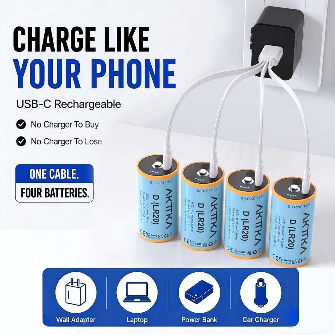 4 Pack Rechargeable D Batteries 1.5V Lithium C5571