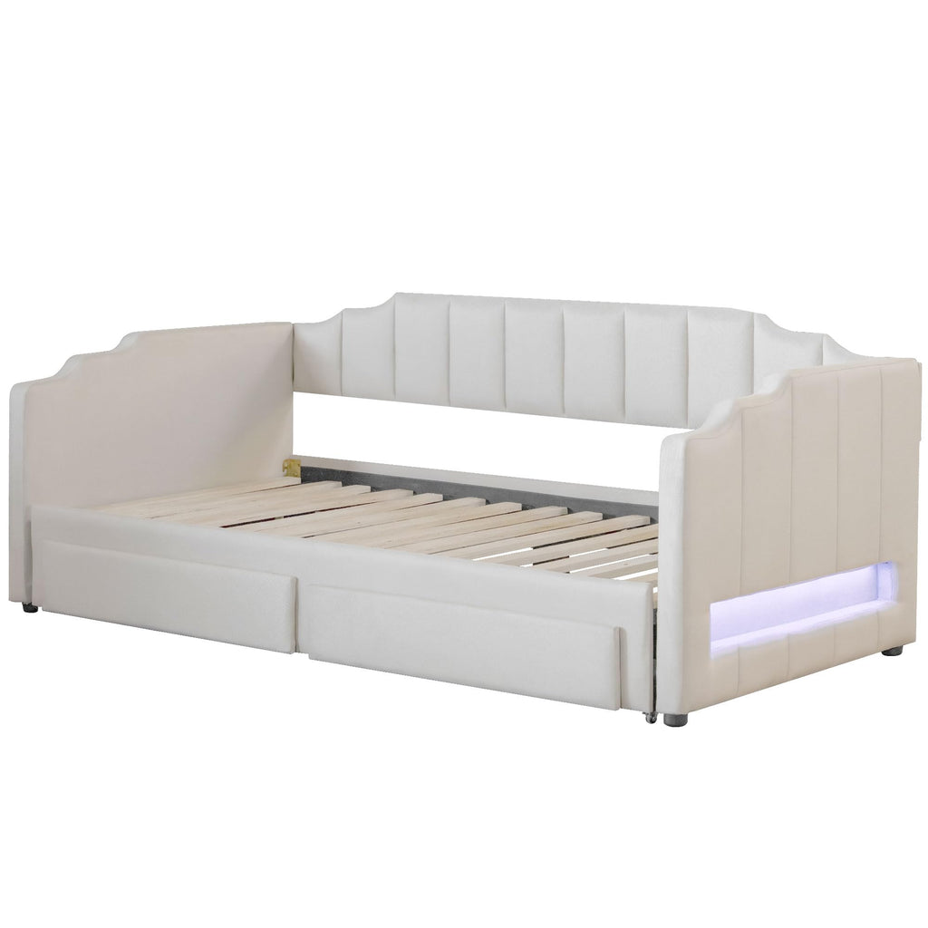 Twin XL Linen Upholstered Daybed with Storage Drawers and LED Light O93968