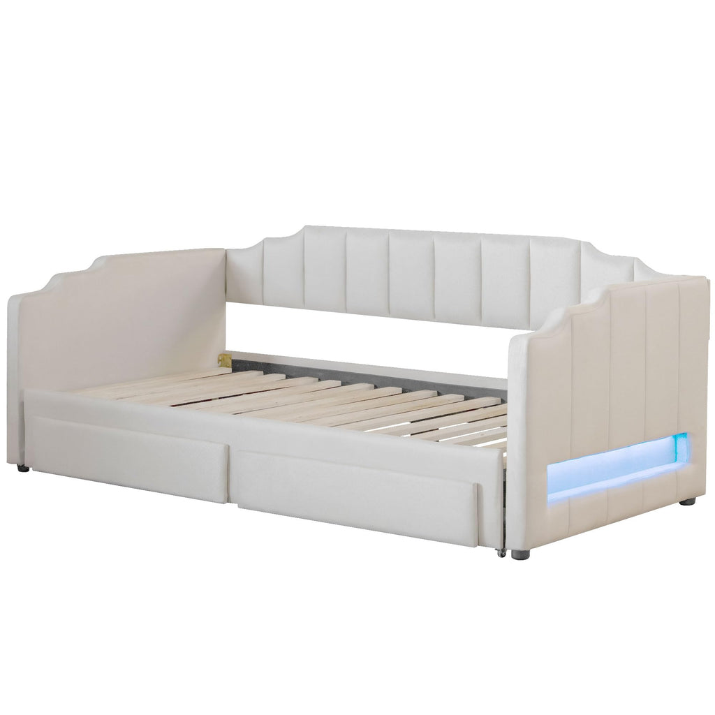 Twin XL Linen Upholstered Daybed with Storage Drawers and LED Light O93968