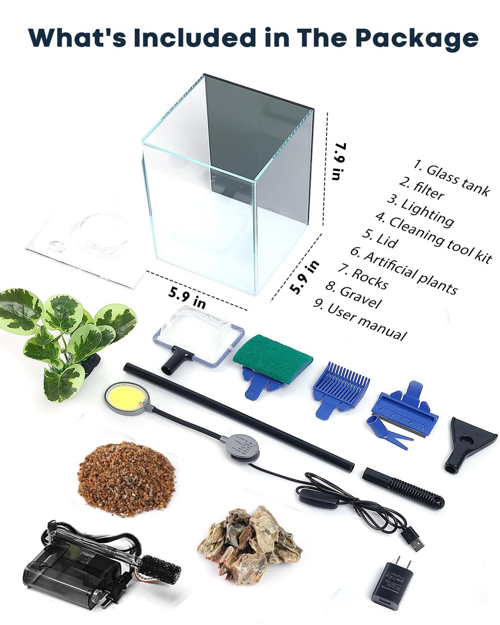 Glass 1.25 Gallon Aquarium Set with Filter LED Light H8695