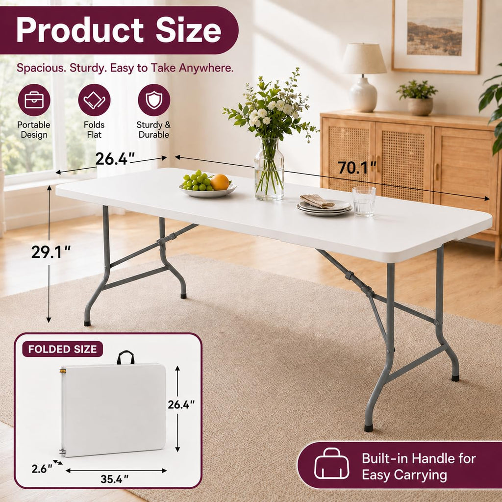 6FT White Folding Plastic Utility Table with Carrying Handle D373