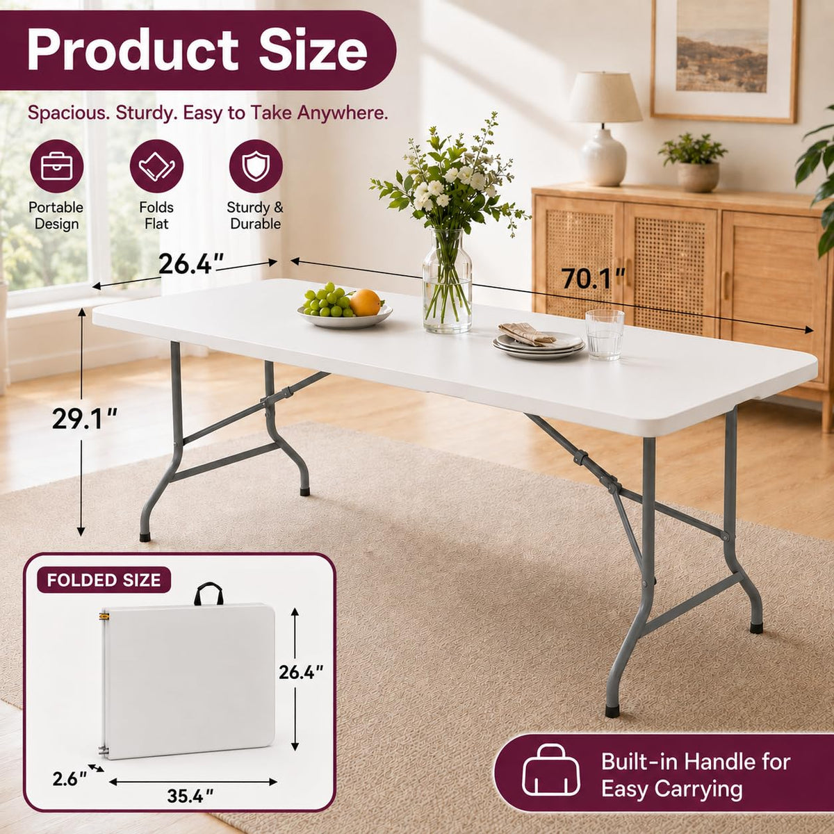 6FT White Folding Plastic Utility Table with Carrying Handle D373