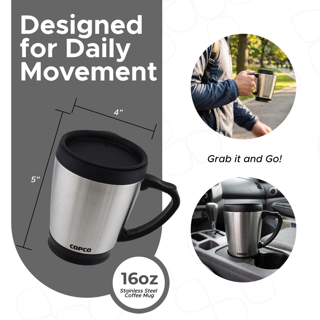 Double Wall Stainless Steel Coffee Mug with Lid 16 Oz Silver E541029