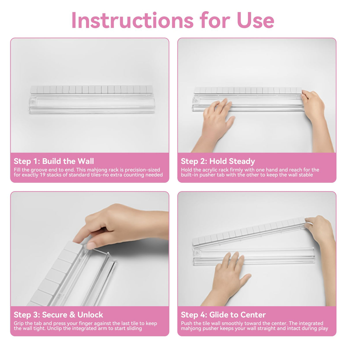 Set of 4 Non-Slip Clear Acrylic Mahjong Racks with Pushers P507