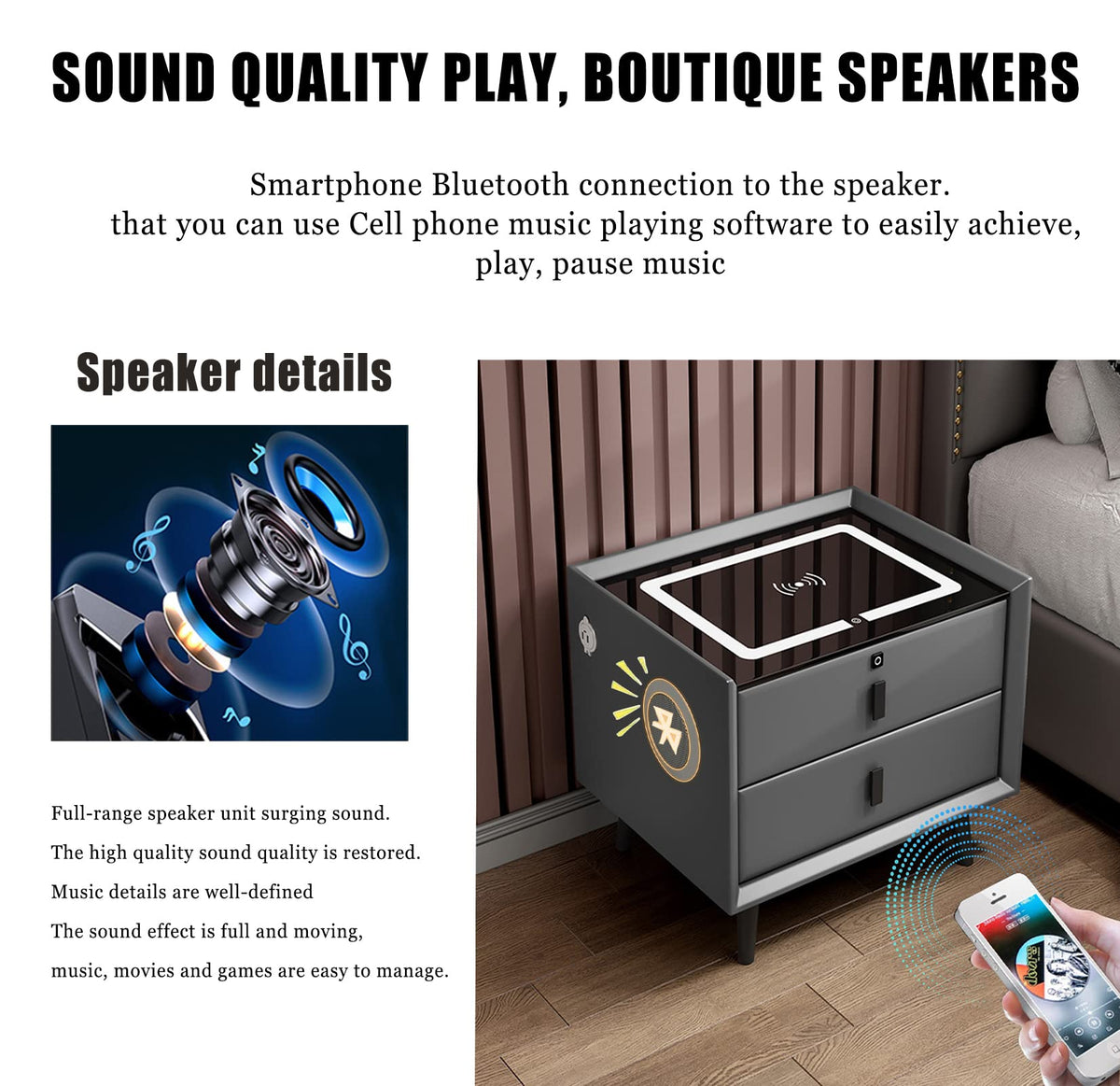 Gray 3 Drawer Solid Wood Nightstand with Speaker and USB Port U86951