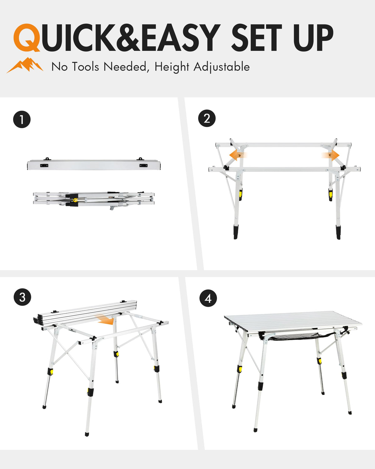 Folding Portable Camping Table with Adjustable Height Aluminum Roll Up Top A37746