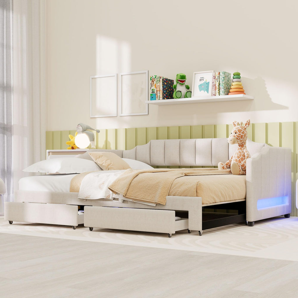 Twin XL Linen Upholstered Daybed with Storage Drawers and LED Light O93968