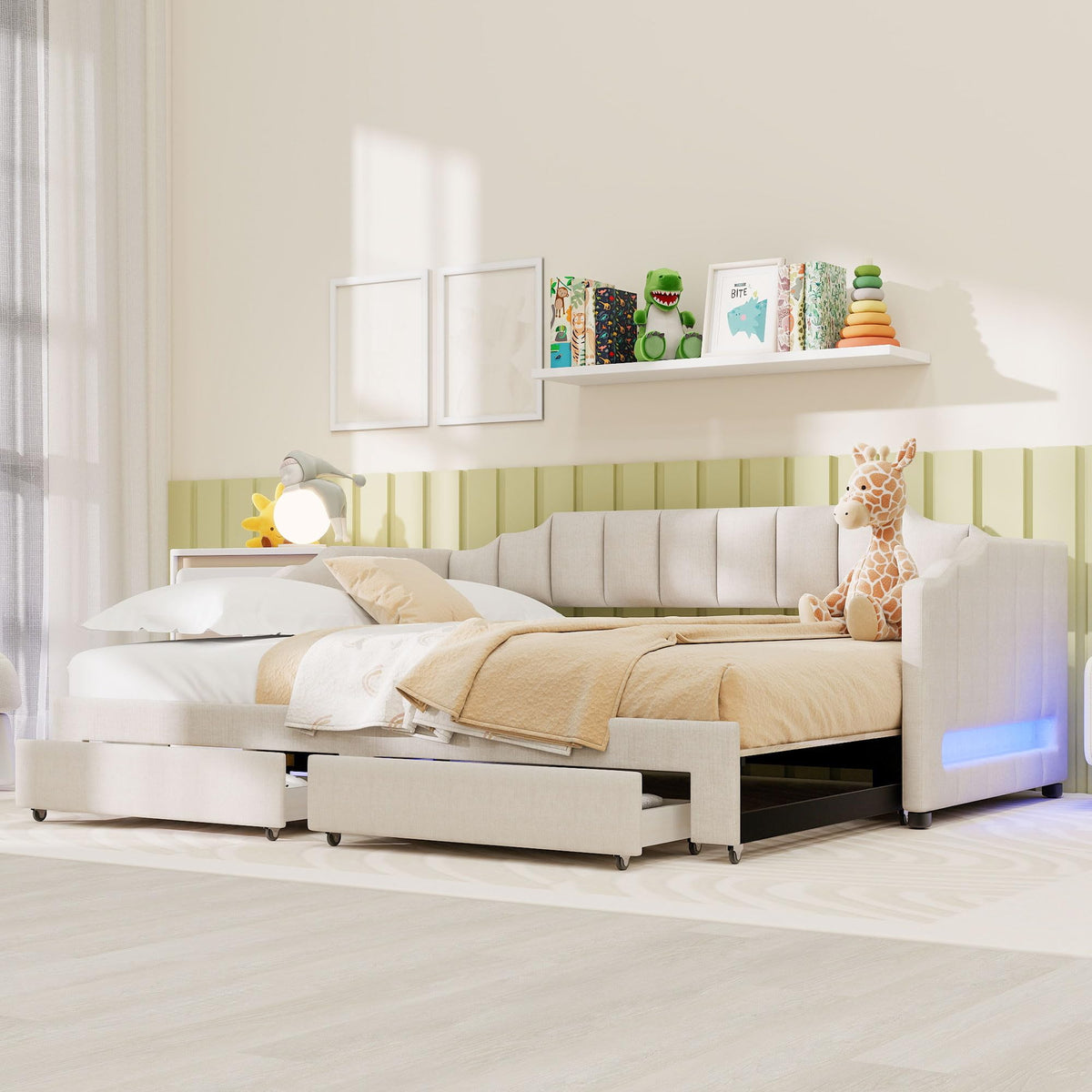 Twin XL Linen Upholstered Daybed with Storage Drawers and LED Light O93968