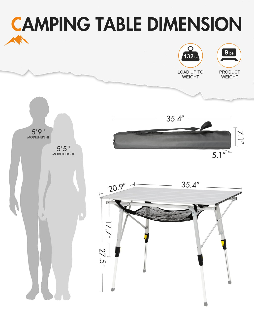 Folding Portable Camping Table with Adjustable Height Aluminum Roll Up Top A37746