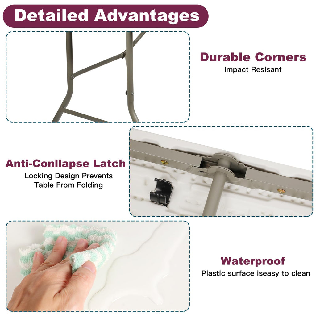 6FT White Folding Plastic Utility Table with Carrying Handle D373