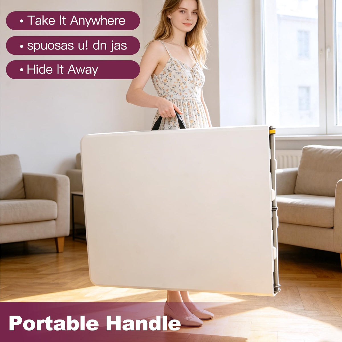 6FT White Folding Plastic Utility Table with Carrying Handle D373
