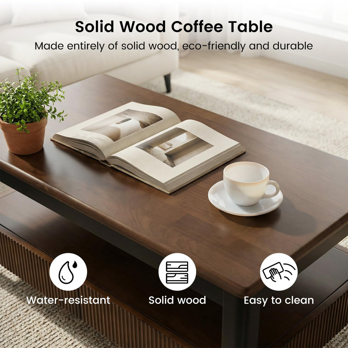 39.4" Walnut Solid Wood Fluted Coffee Table with 2 Drawers B992