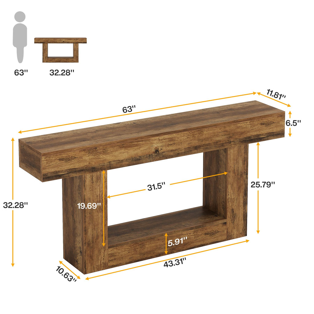 63" Farmhouse 2-Tier Console Table with U-Shaped Base T878