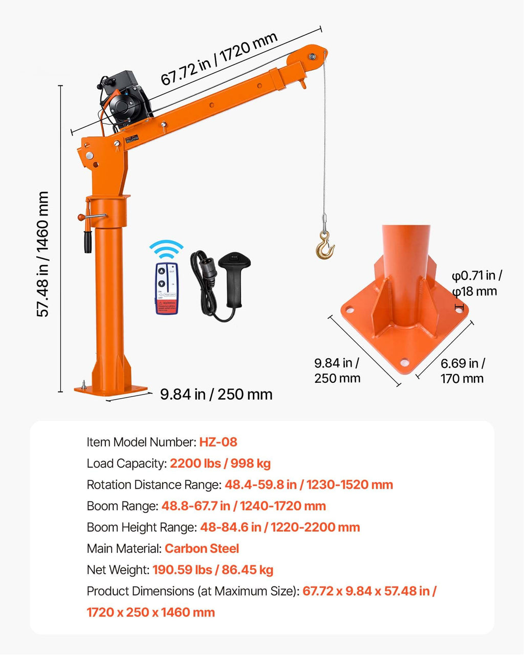 Electric Truck Crane with 12V Electric Winch and 360° Rotating Telescopic Boom R4778
