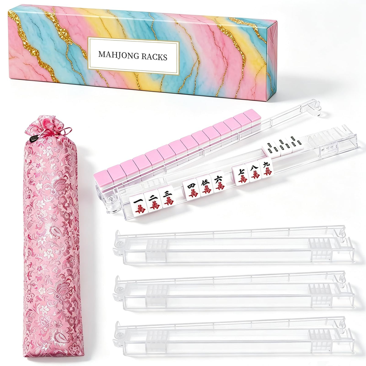 Set of 4 Non-Slip Clear Acrylic Mahjong Racks with Pushers P507