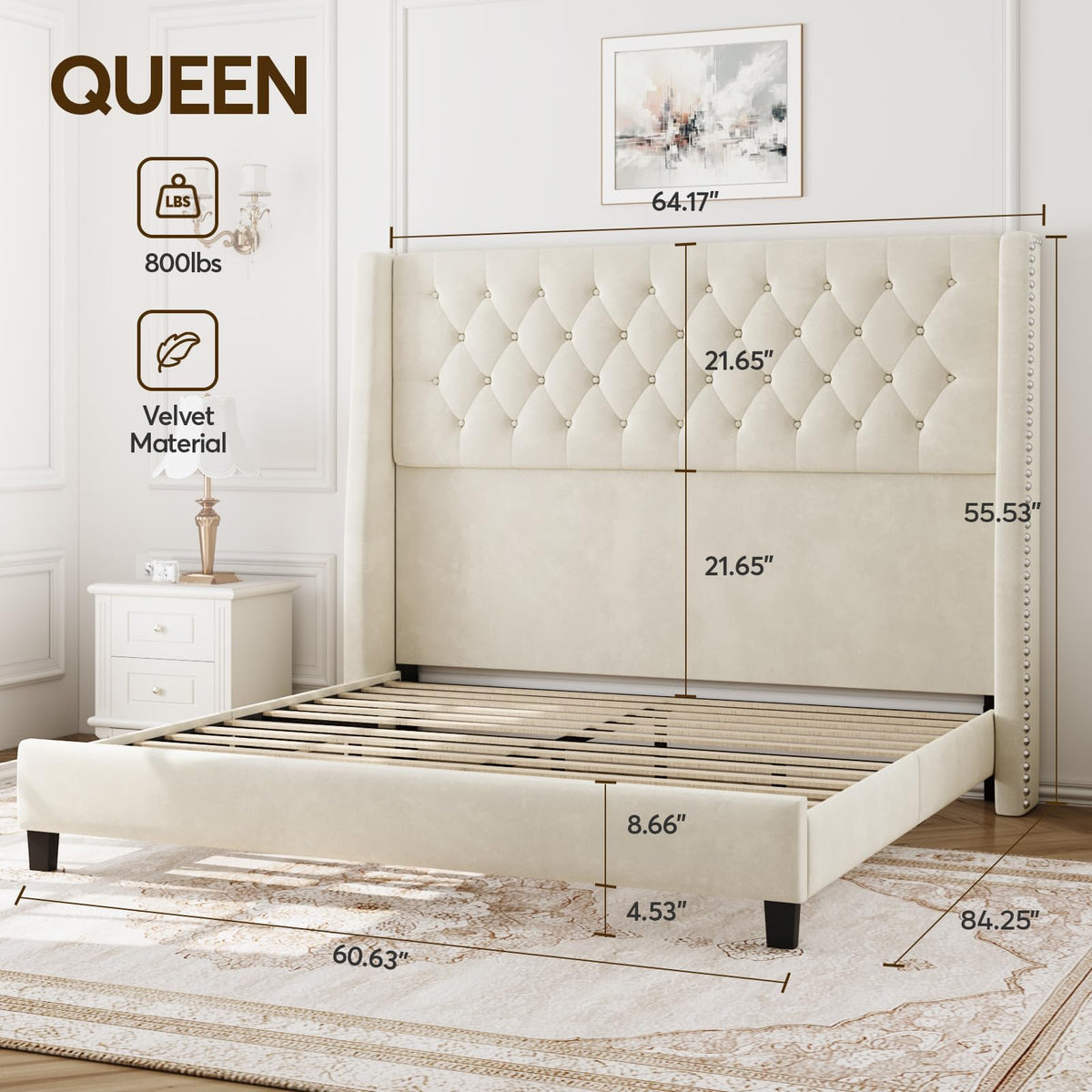 Queen Upholstered Bed Frame with Wingback L342
