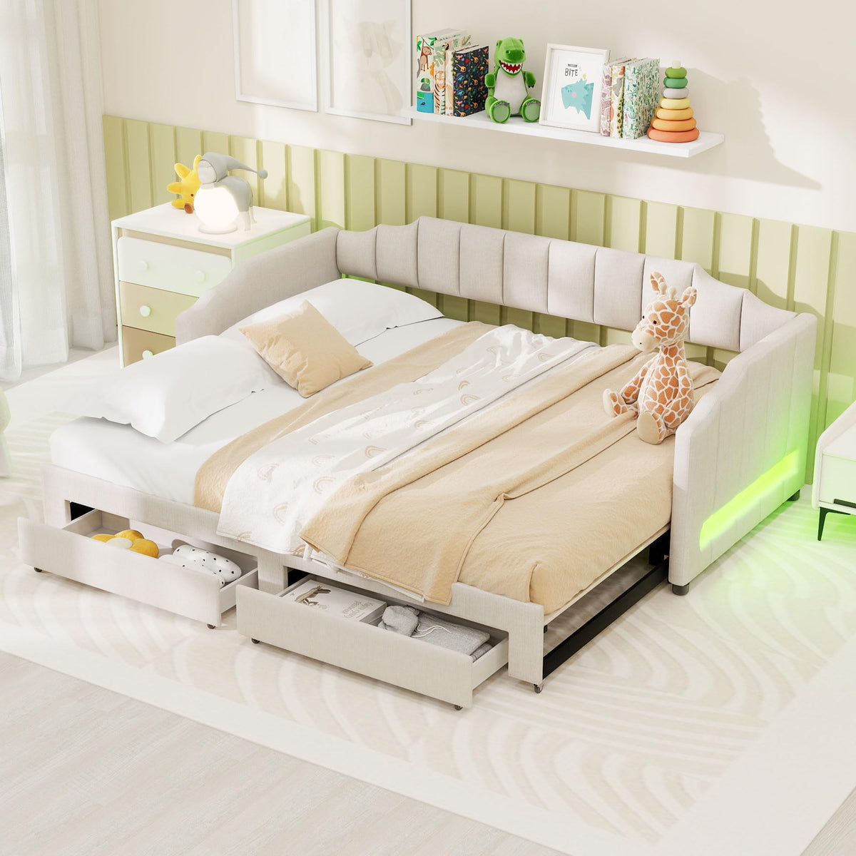 Twin XL Linen Upholstered Daybed with Storage Drawers and LED Light O93968