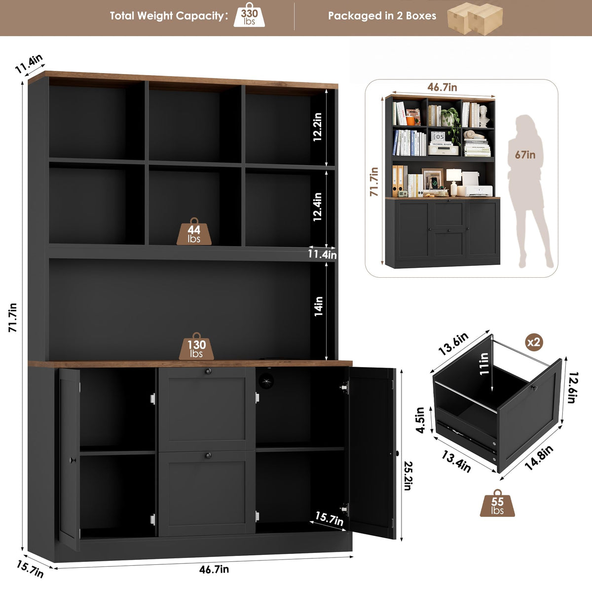 72'' Tall File Bookcase with Power Outlet & 2 Filing Drawers G25528
