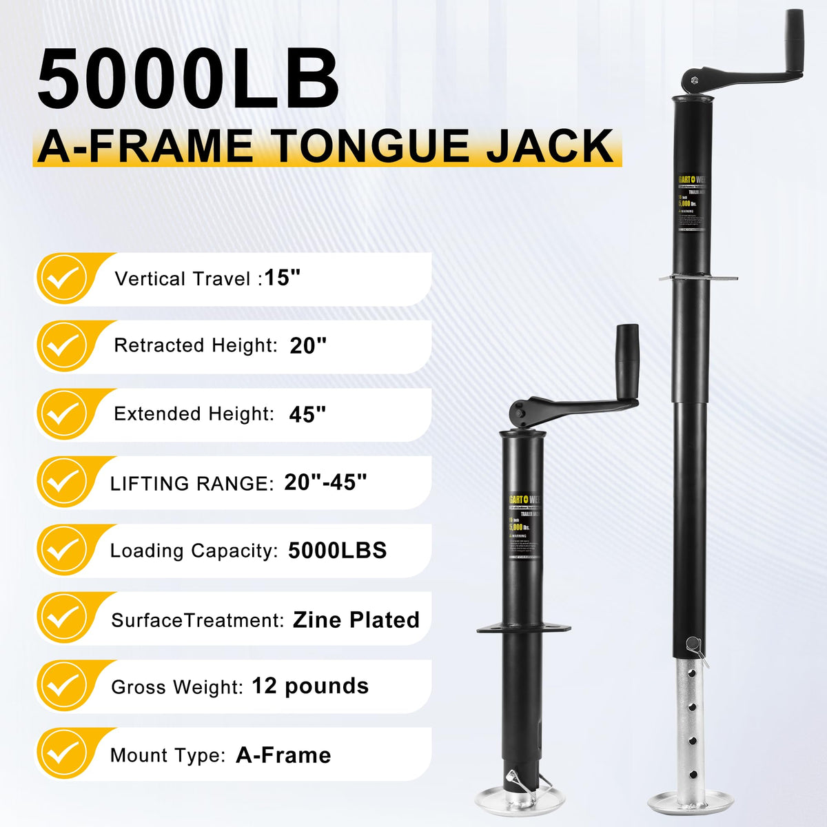 5000 lbs A-Frame Trailer Jack with Adjustable Drop Leg H3020