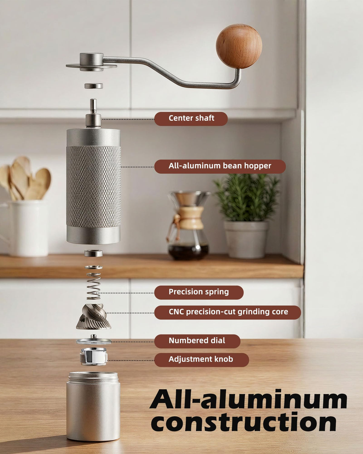Manual Stainless Steel Conical Burr Coffee Grinder with Adjustable Settings L472619