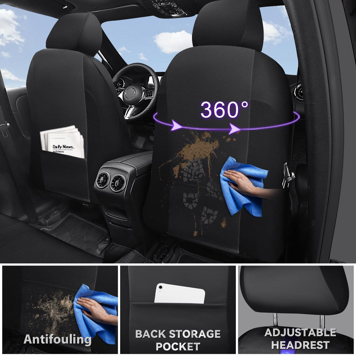 Black Nappa Leather Car Seat Covers Full Set A2619