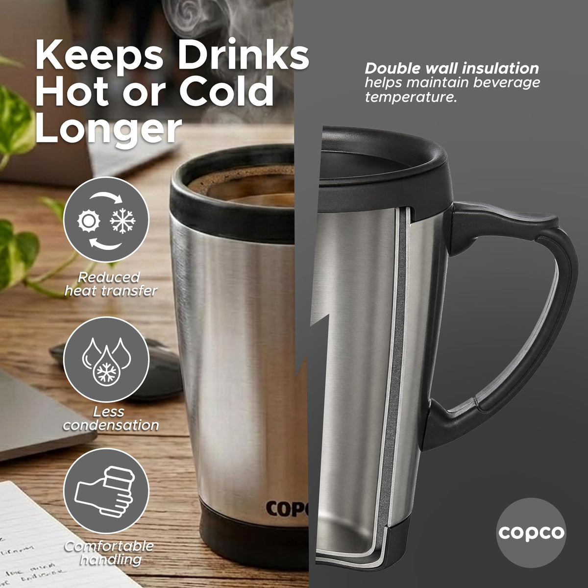 Double Wall Stainless Steel Coffee Mug with Lid 16 Oz Silver E541029