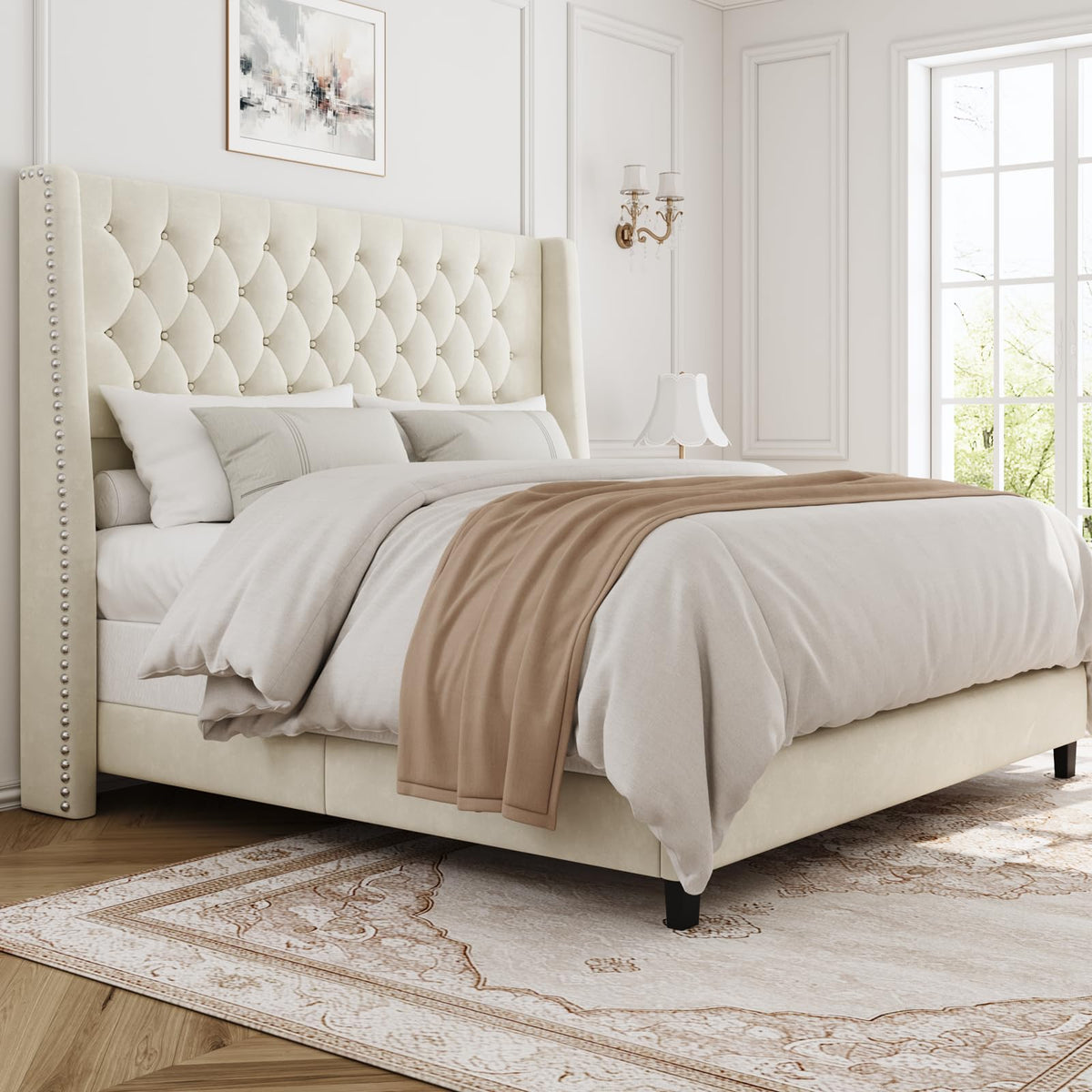 Queen Upholstered Bed Frame with Wingback L342