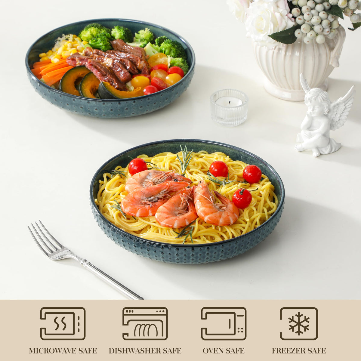 48 Oz 9.5 Inch Ceramic Pasta Bowls Set of 4 Green Y5757