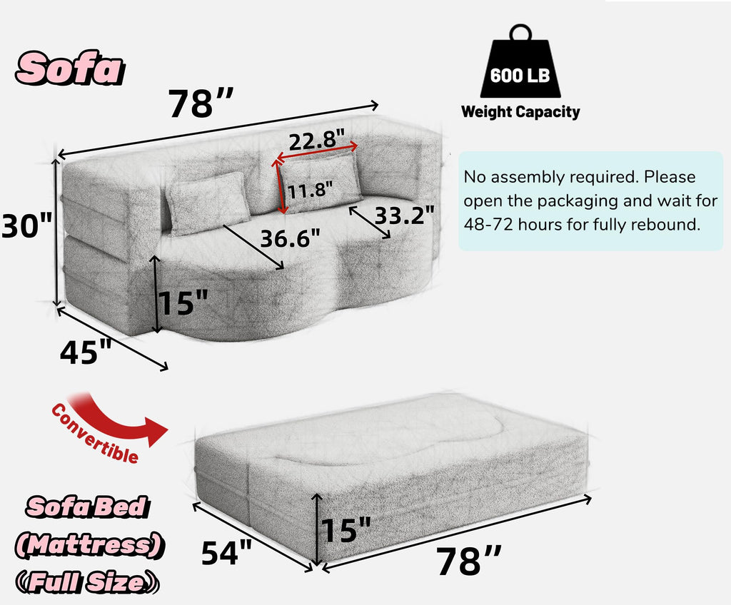78" Full Size Pink Folding Sofa Bed L316