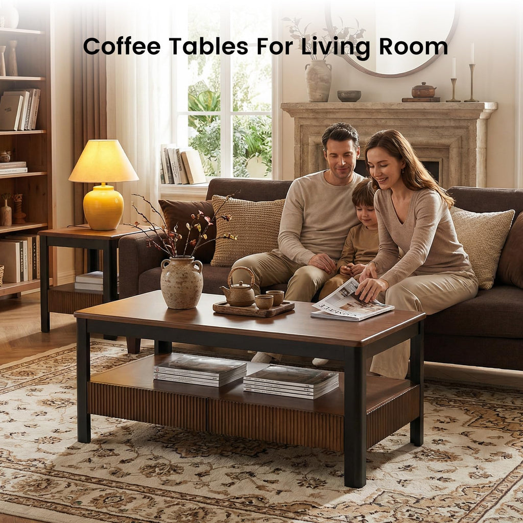 39.4" Walnut Solid Wood Fluted Coffee Table with 2 Drawers B992