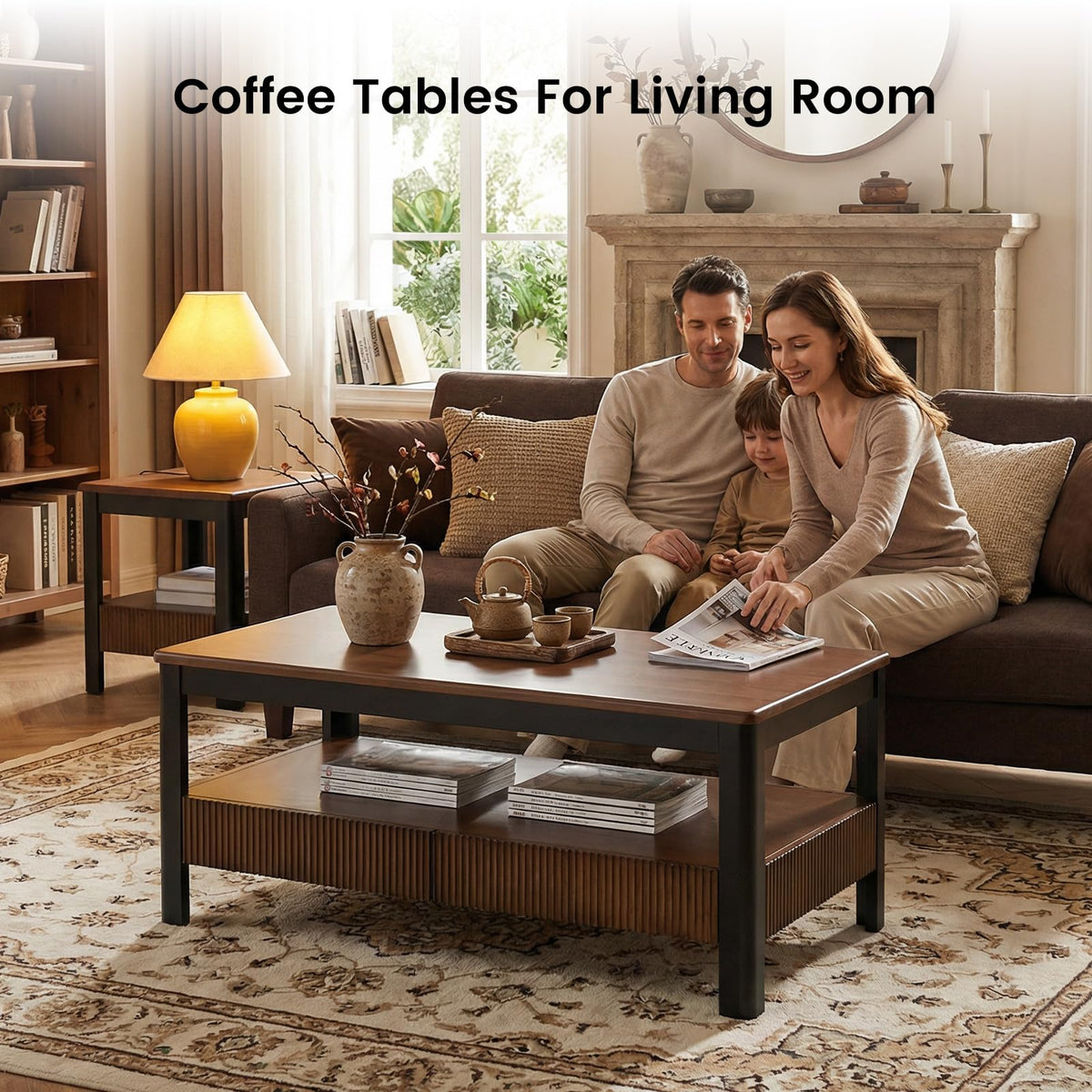 39.4" Walnut Solid Wood Fluted Coffee Table with 2 Drawers B992
