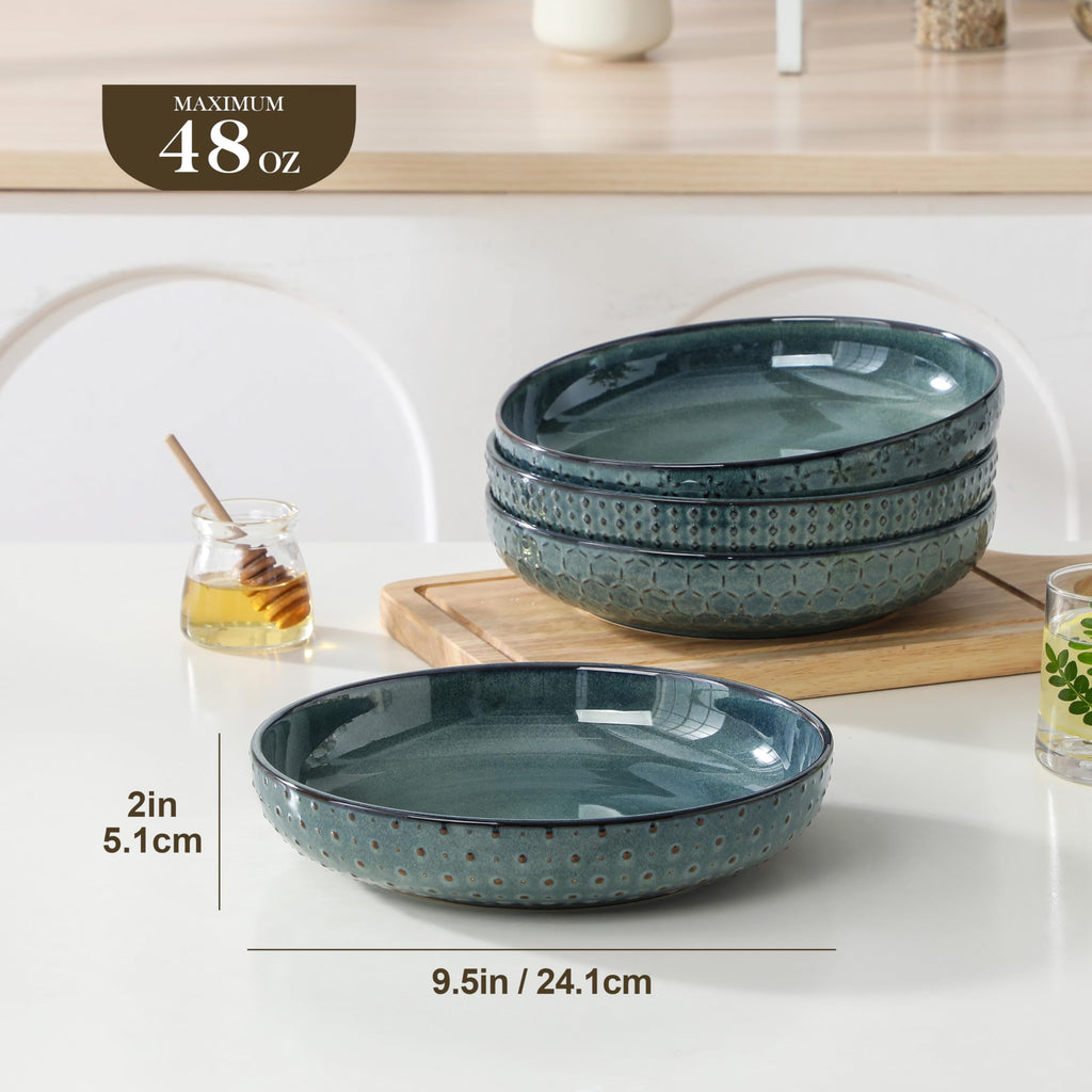48 Oz 9.5 Inch Ceramic Pasta Bowls Set of 4 Green Y5757