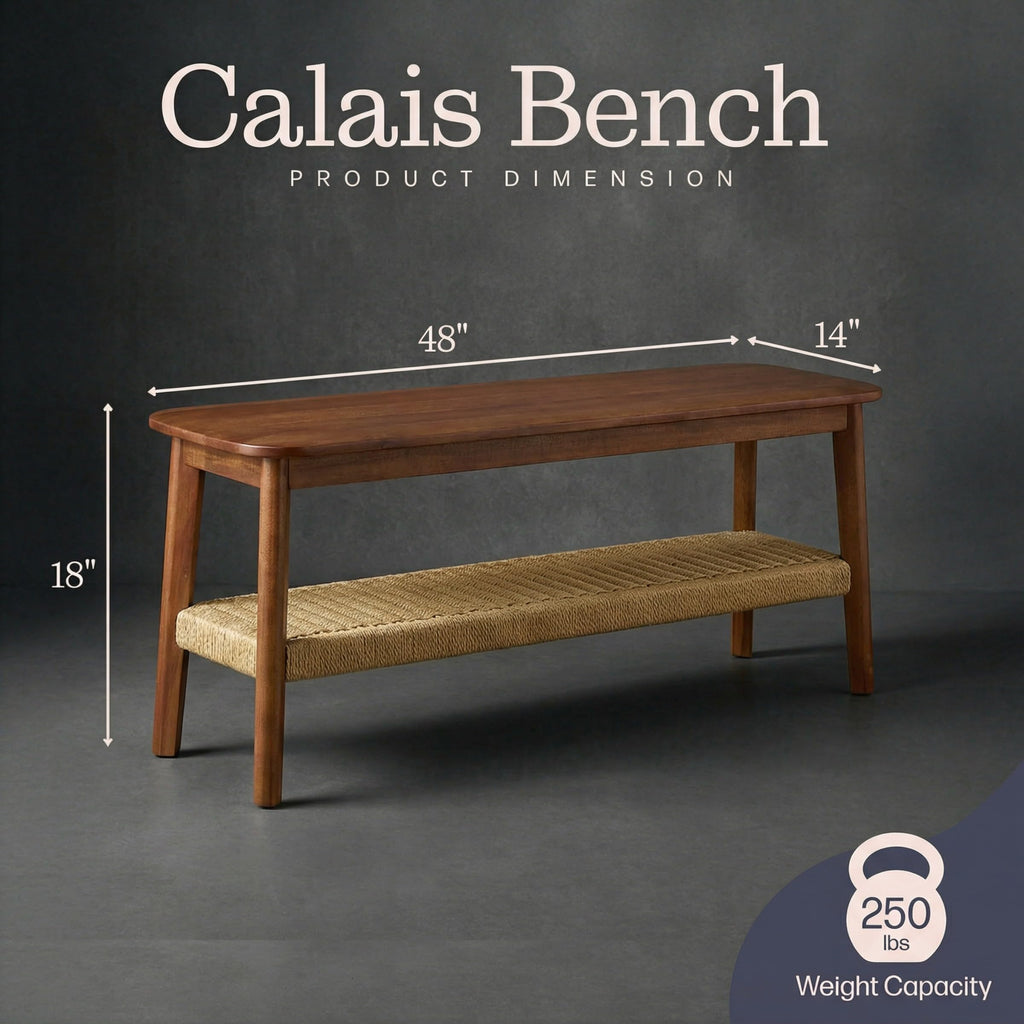 Solid Wood Entryway Bench with Woven Storage Shelf, Chestnut, 48” N4406