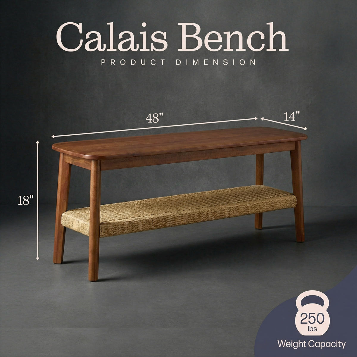 Solid Wood Entryway Bench with Woven Storage Shelf, Chestnut, 48” N4406