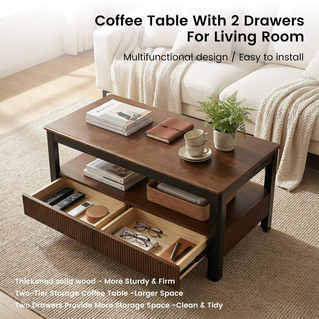 39.4" Walnut Solid Wood Fluted Coffee Table with 2 Drawers B992