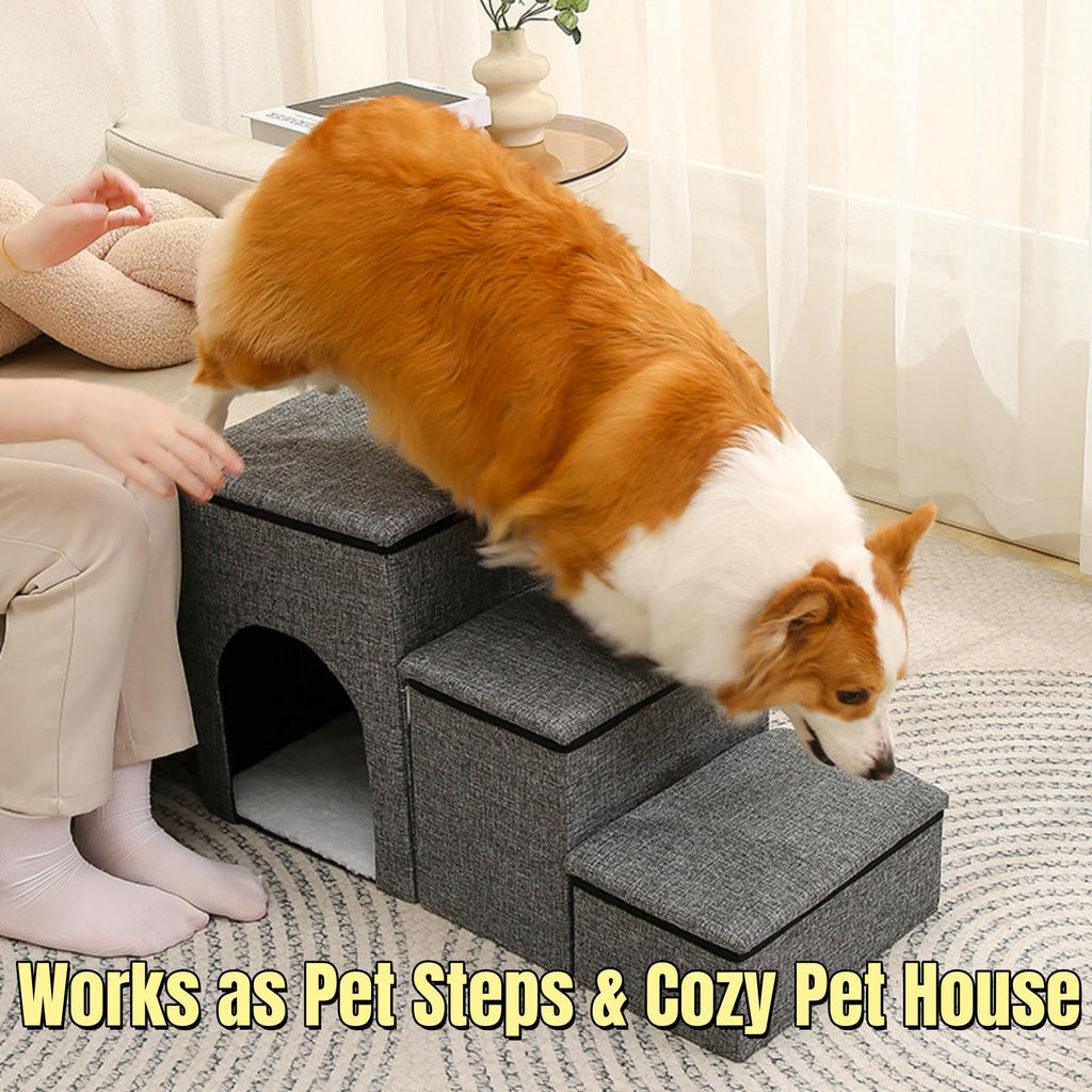 Foldable 3-Step Pet Stairs with Storage & Cat House W3213