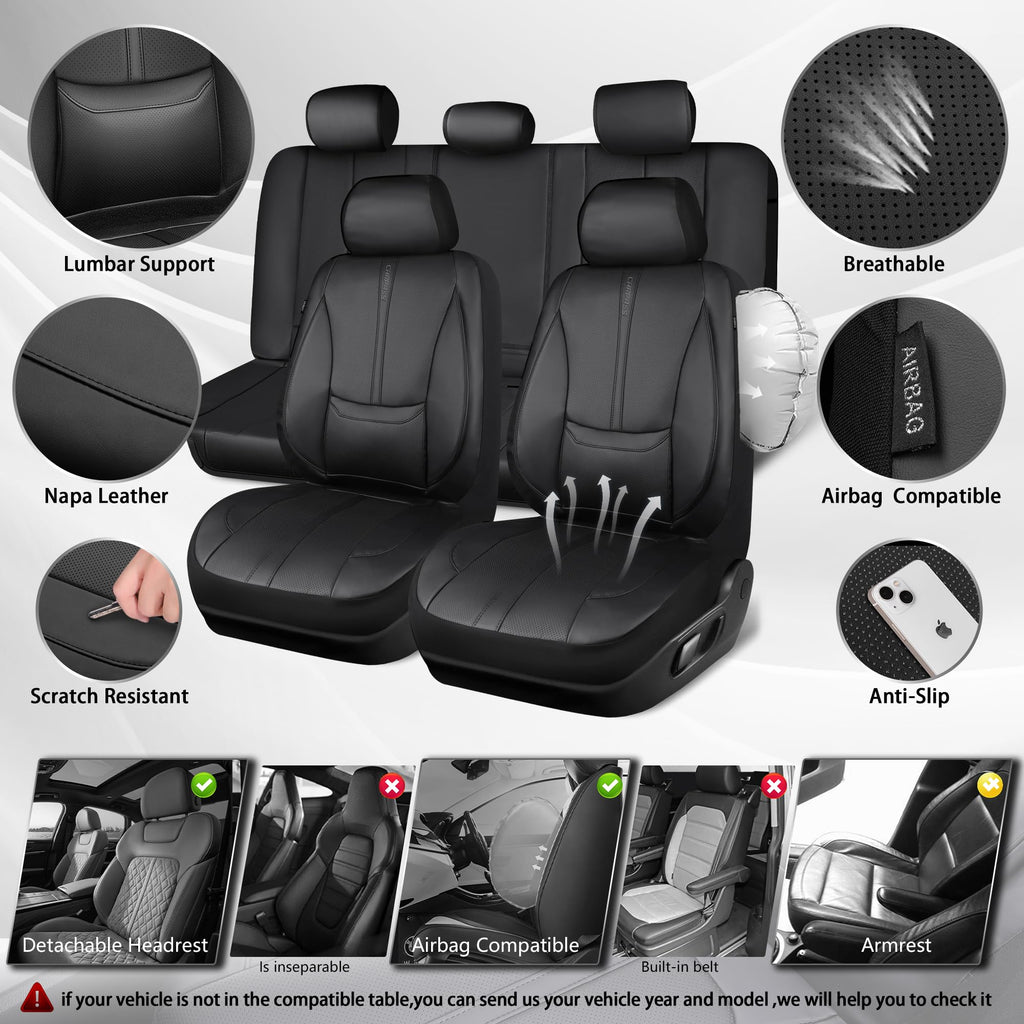Black Nappa Leather Car Seat Covers Full Set A2619