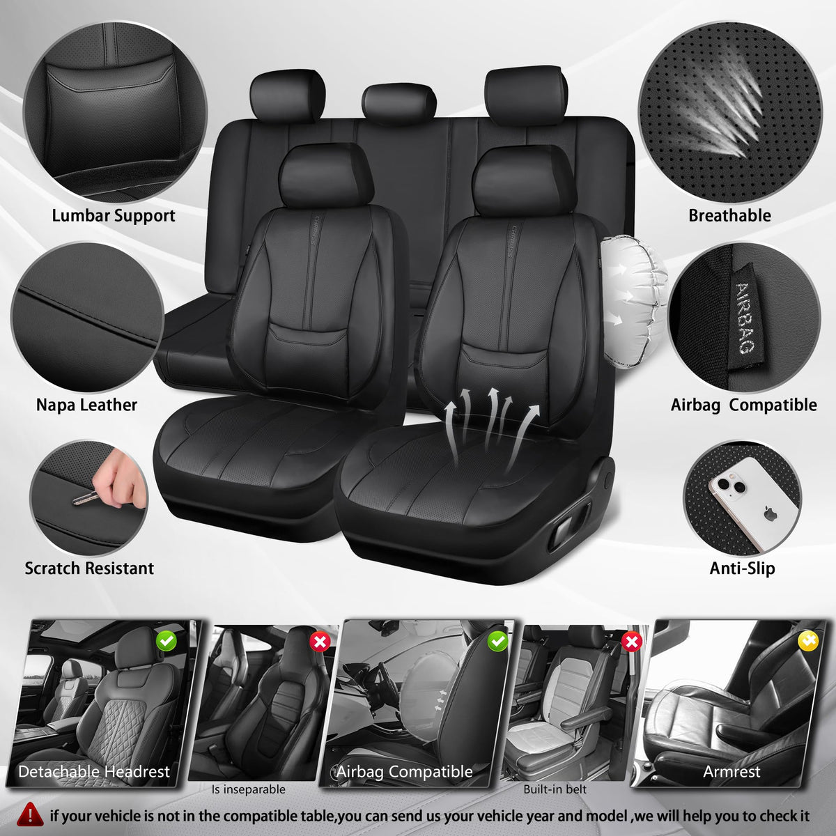 Black Nappa Leather Car Seat Covers Full Set A2619