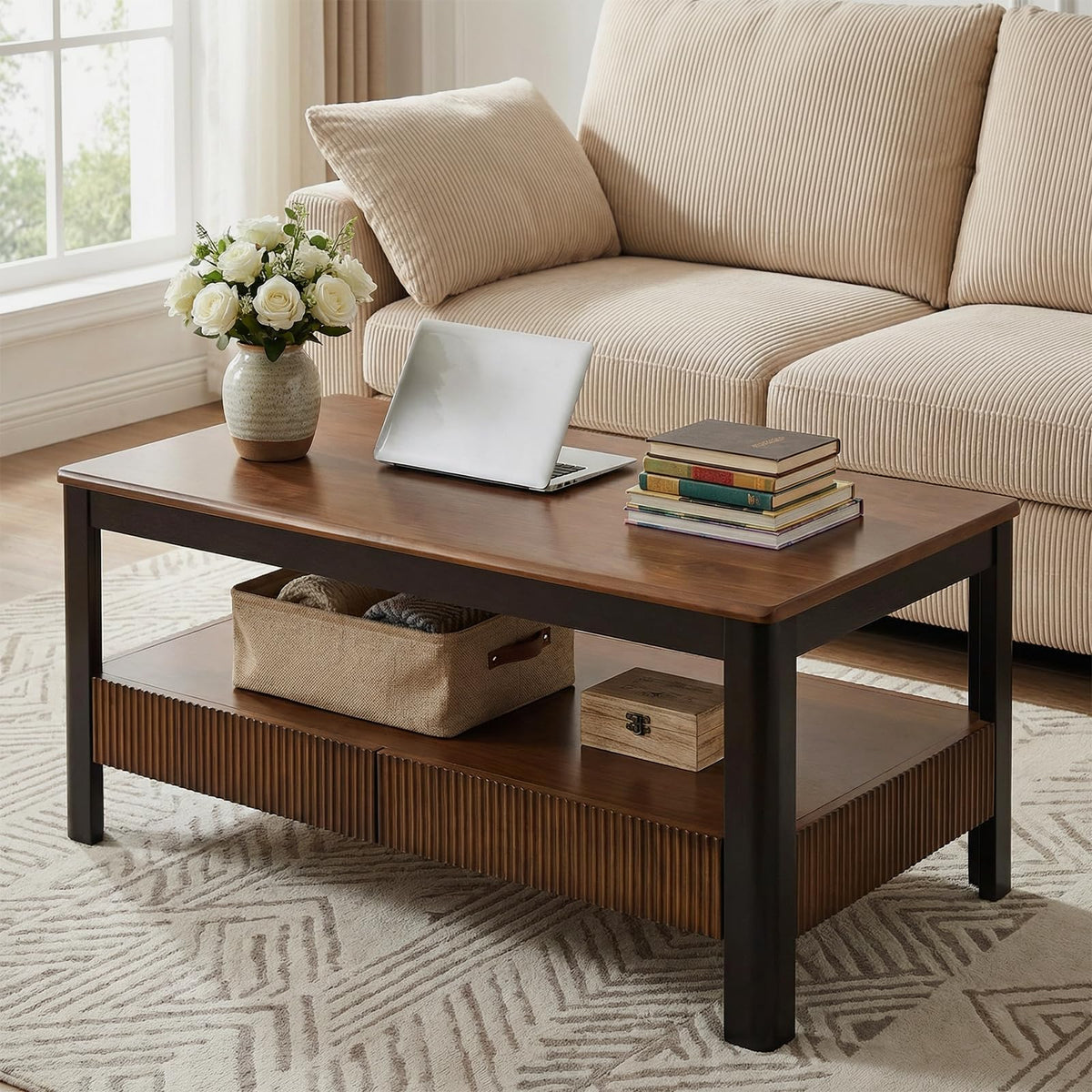 39.4" Walnut Solid Wood Fluted Coffee Table with 2 Drawers B992