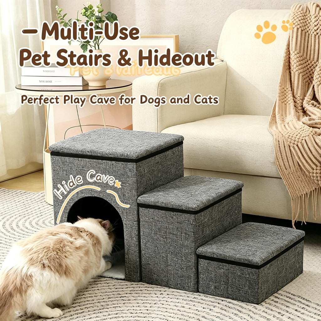 Foldable 3-Step Pet Stairs with Storage & Cat House W3213