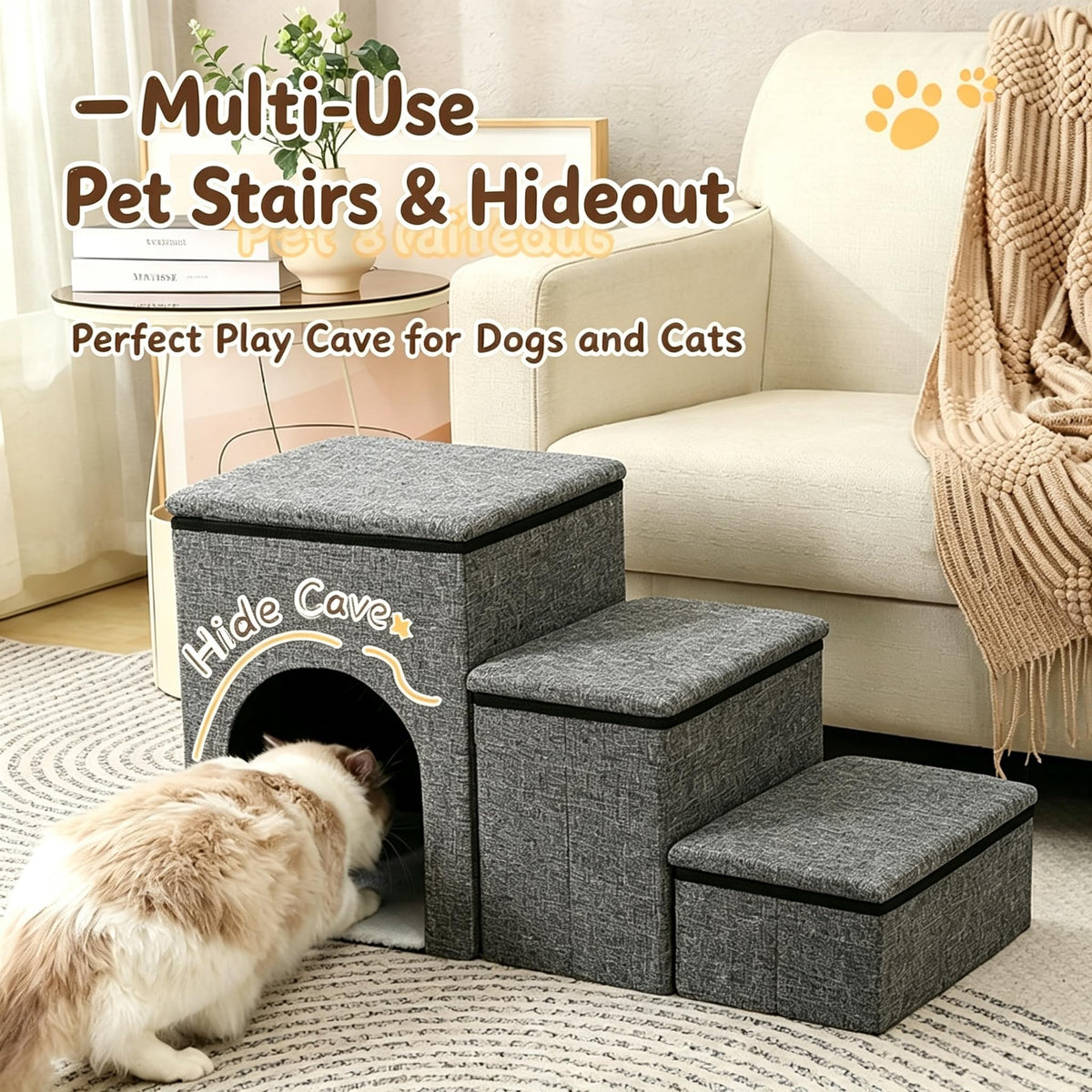 Foldable 3-Step Pet Stairs with Storage & Cat House W3213