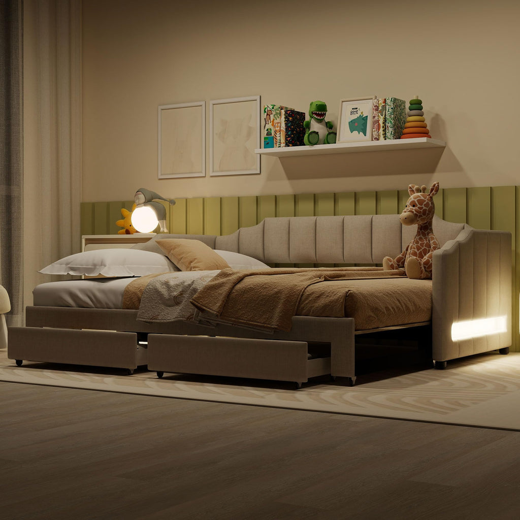 Twin XL Linen Upholstered Daybed with Storage Drawers and LED Light O93968