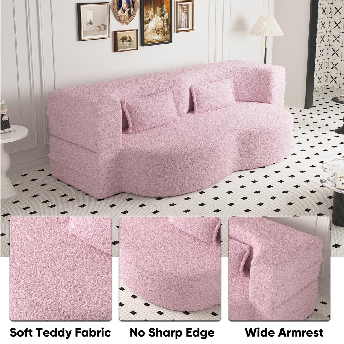 78" Full Size Pink Folding Sofa Bed L316