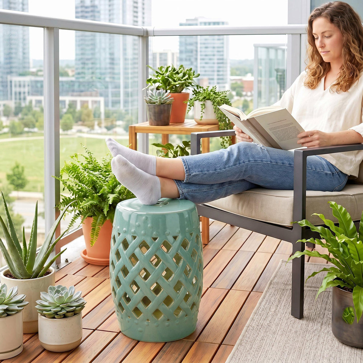 Ceramic Garden Stool Outdoor Stool Green J3828